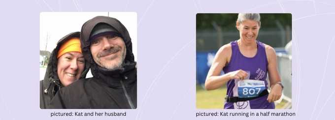 Against a purple background are two photos. The first is a photograph of Kat and her husband taken in selfie mode. The second is Kat in her EPT vest running in a half marathon