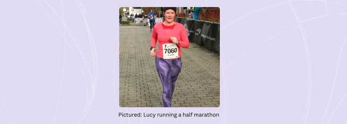 A photograph of Lucy running in a Winter half marathon, against a purple background